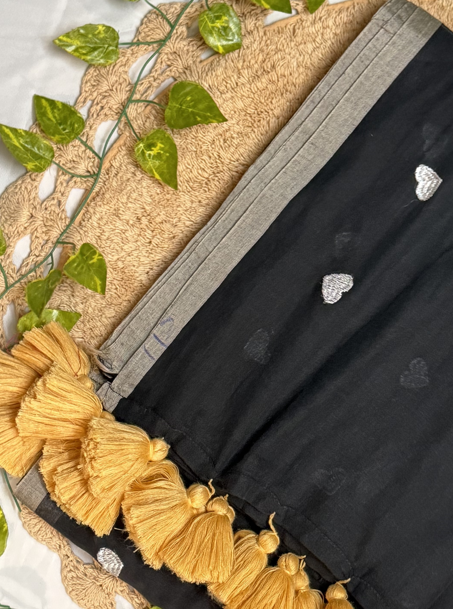 Black Mul Cotton Saree with Heart Motifs, Silver Border & Contrast Tassels