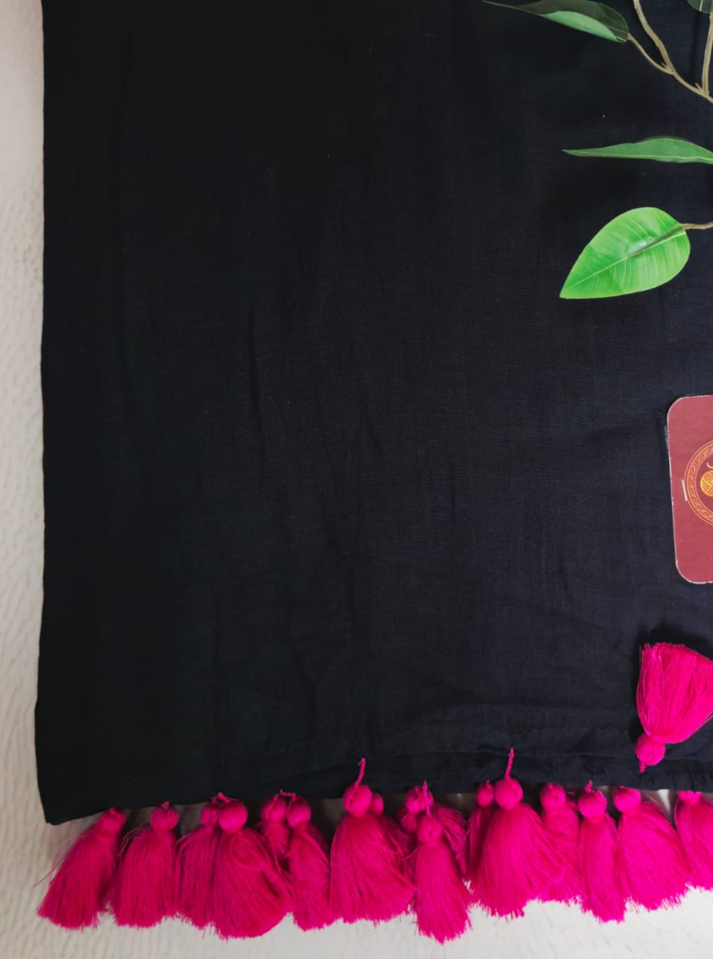 Classic Black Mul Cotton Saree with Hot Pink Tassel Border