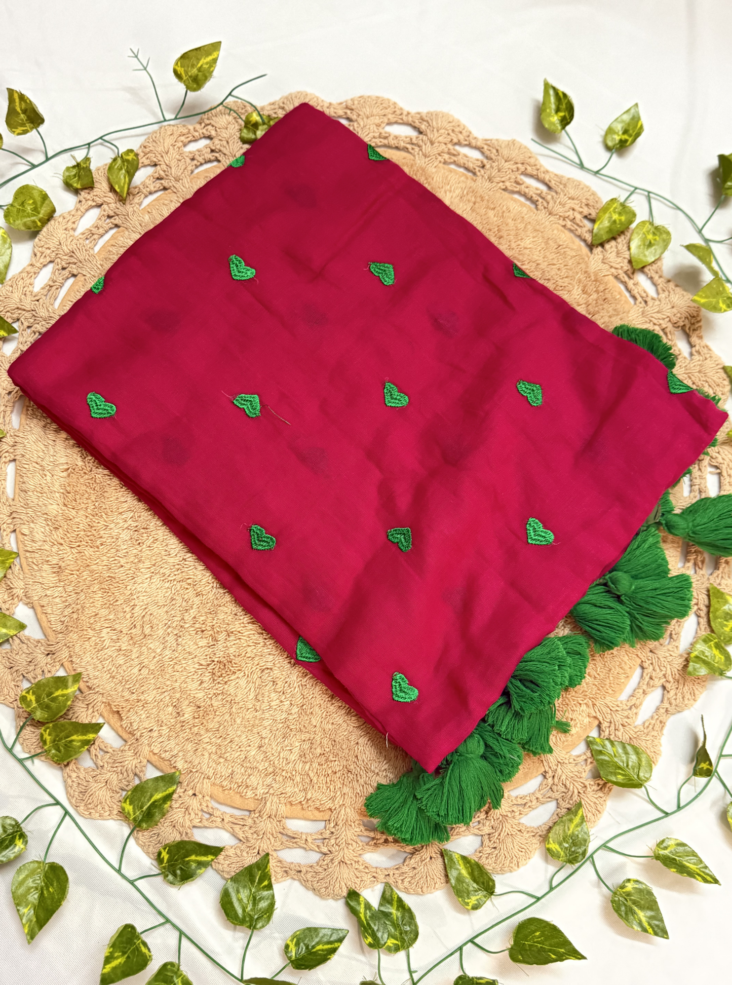 Ruby Red Mul Cotton Saree with Dark Green Heart Motifs & Tassels