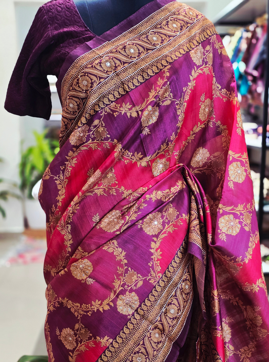 Dual-Tone Wine & Magenta Tussar Silk Saree with Zari Floral Weaving