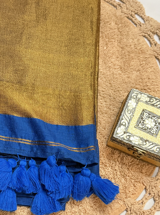 Royal Gold Mul Cotton Saree with Tissue Pallu & Blue Tassels