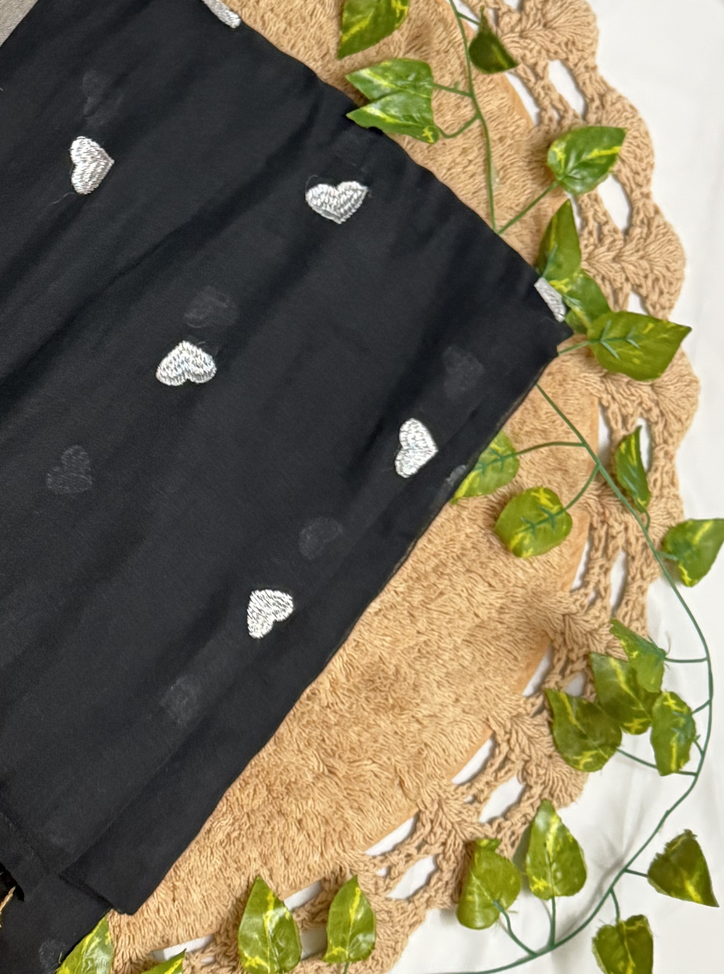 Black Mul Cotton Saree with Heart Motifs, Silver Border & Contrast Tassels