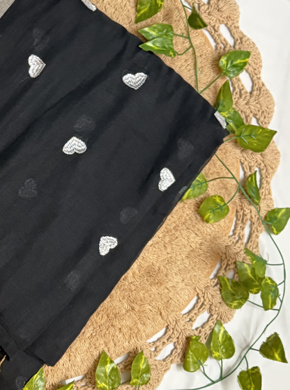 Black Mul Cotton Saree with Heart Motifs, Silver Border & Contrast Tassels