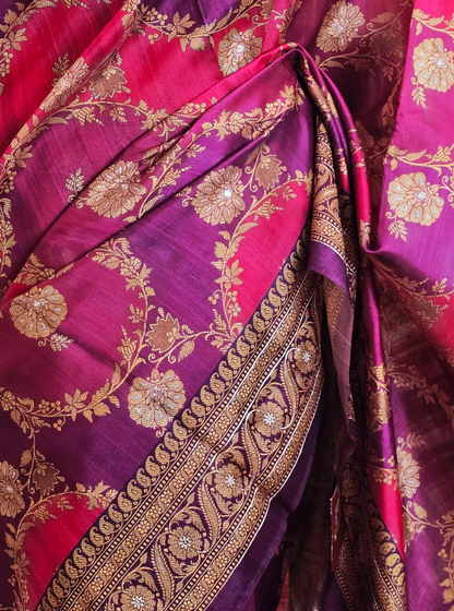 Dual-Tone Wine & Magenta Tussar Silk Saree with Zari Floral Weaving