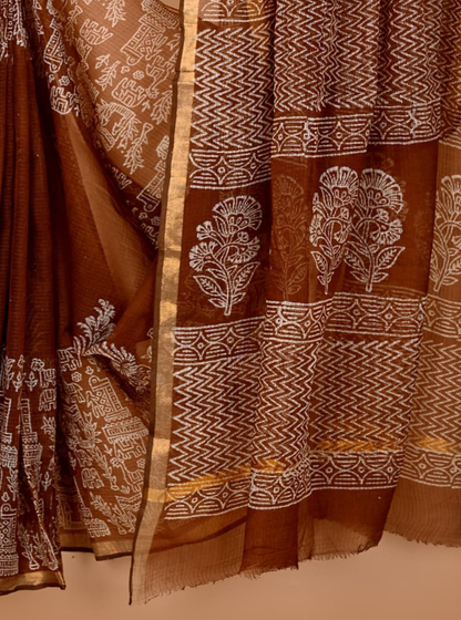 Classic Kota Doria Saree in Rustic Brown with Handblock Tribal Motifs