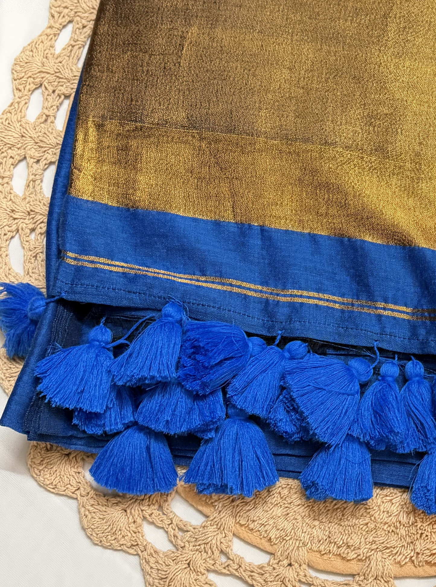 Royal Gold Mul Cotton Saree with Tissue Pallu & Blue Tassels