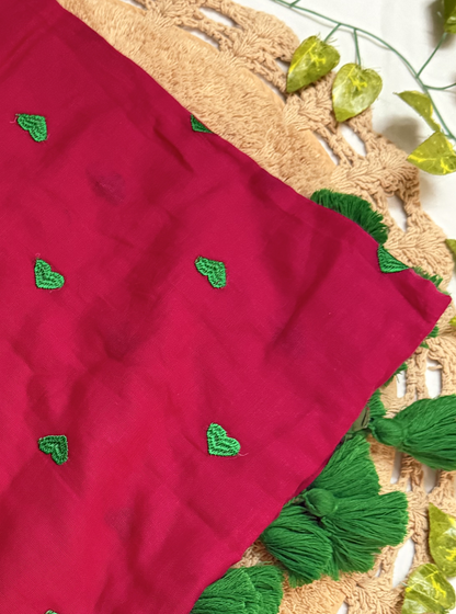 Ruby Red Mul Cotton Saree with Dark Green Heart Motifs & Tassels