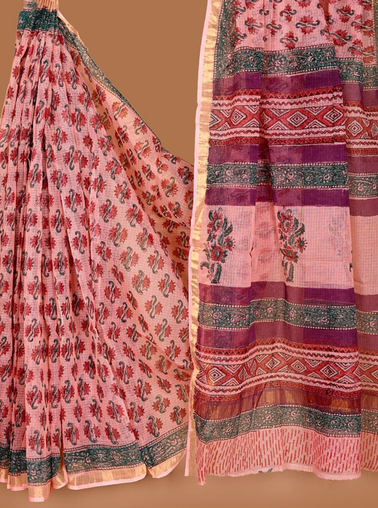 Charming Kota Doria Saree in Soft Peach with Floral Handblock Prints