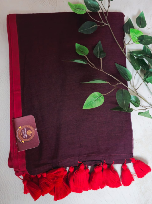 Wine Mul Cotton Saree with Red Tassel Border