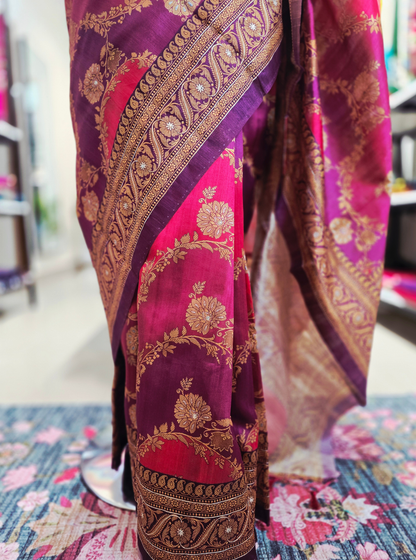 Dual-Tone Wine & Magenta Tussar Silk Saree with Zari Floral Weaving