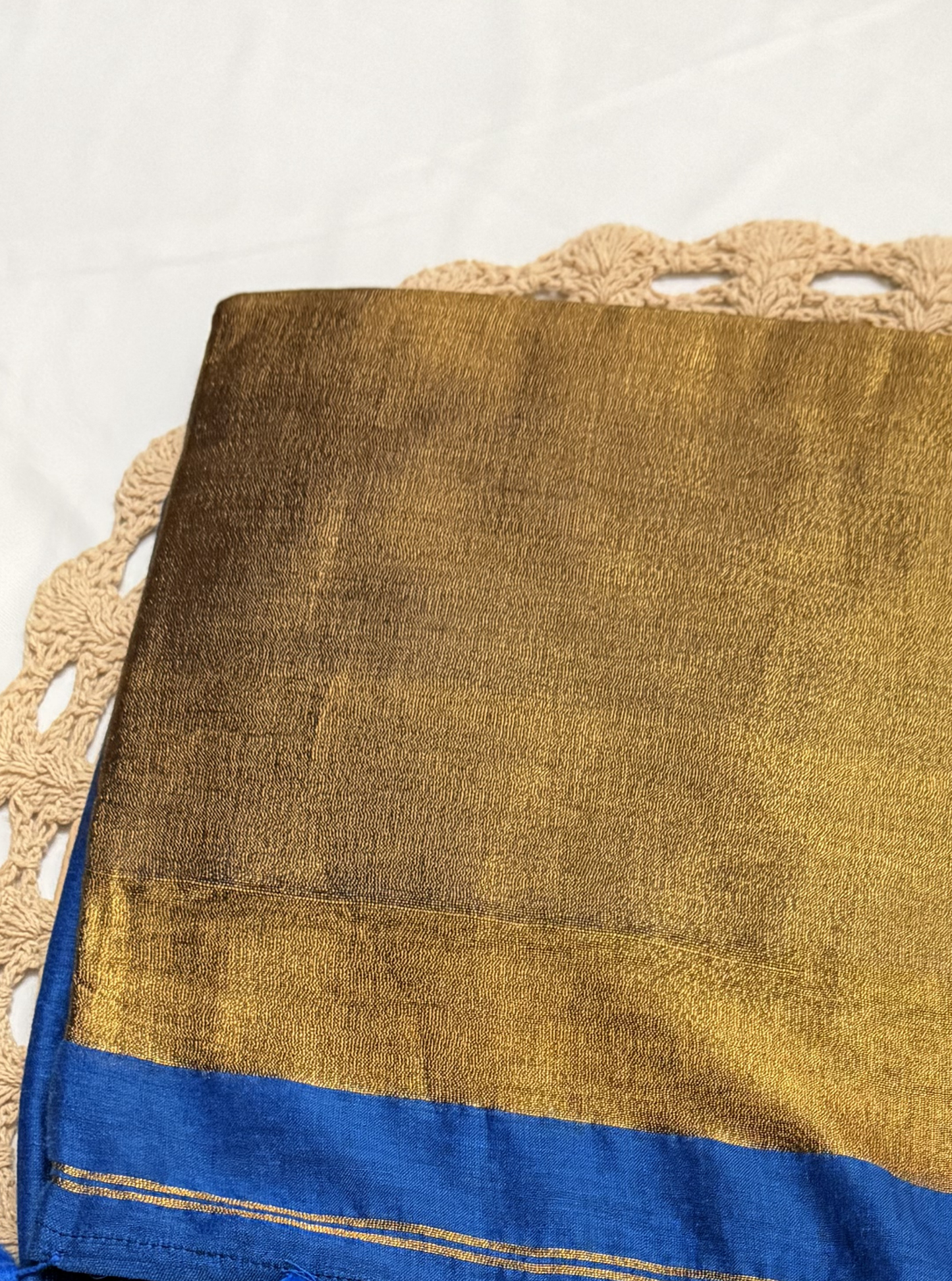 Royal Gold Mul Cotton Saree with Tissue Pallu & Blue Tassels