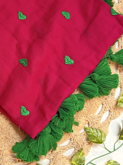 Ruby Red Mul Cotton Saree with Dark Green Heart Motifs & Tassels