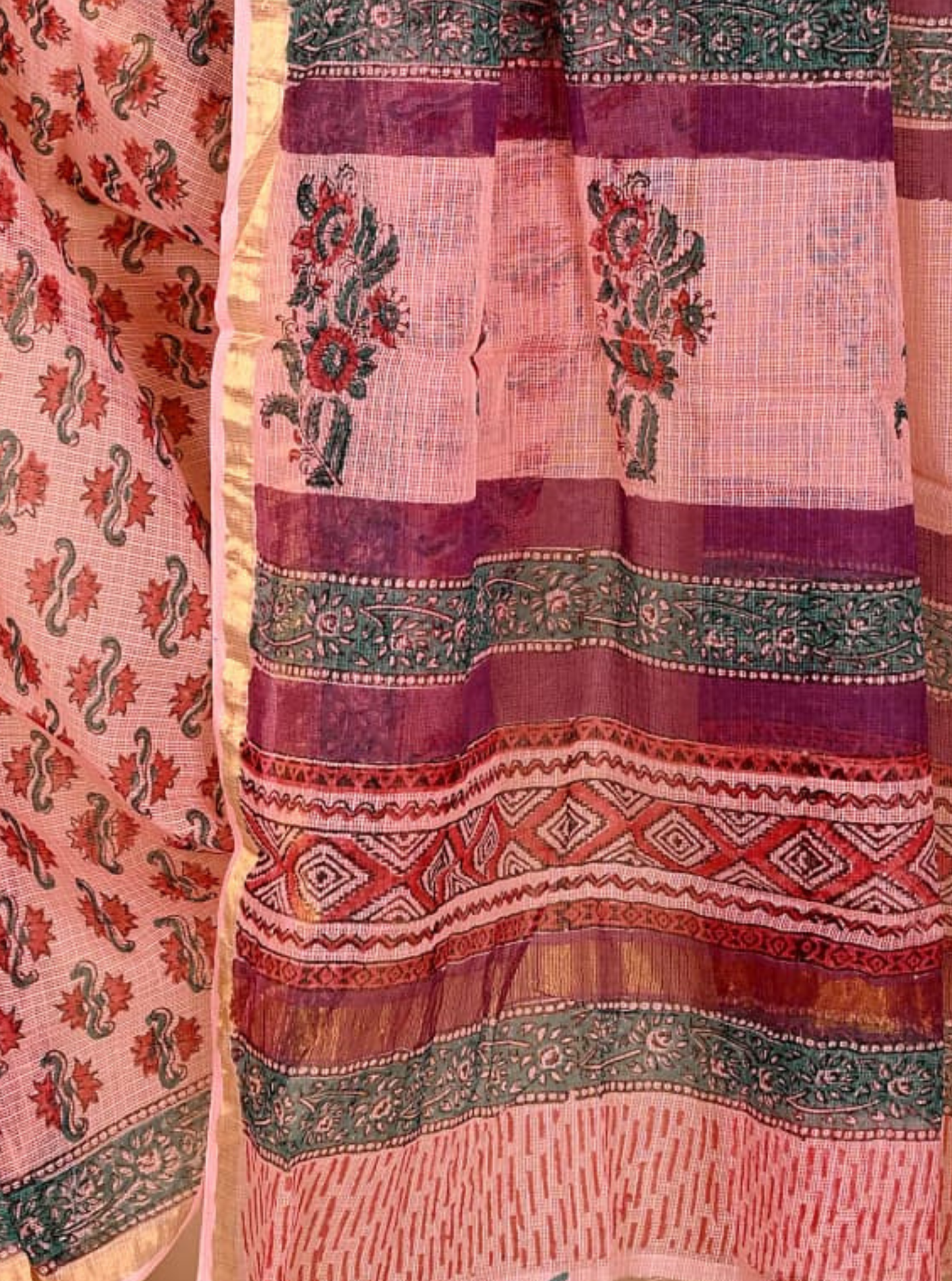 Charming Kota Doria Saree in Soft Peach with Floral Handblock Prints