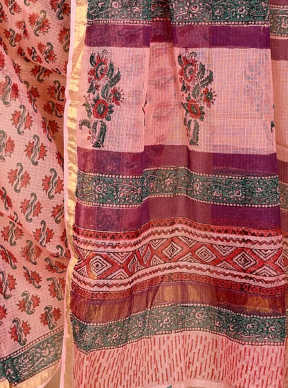 Charming Kota Doria Saree in Soft Peach with Floral Handblock Prints