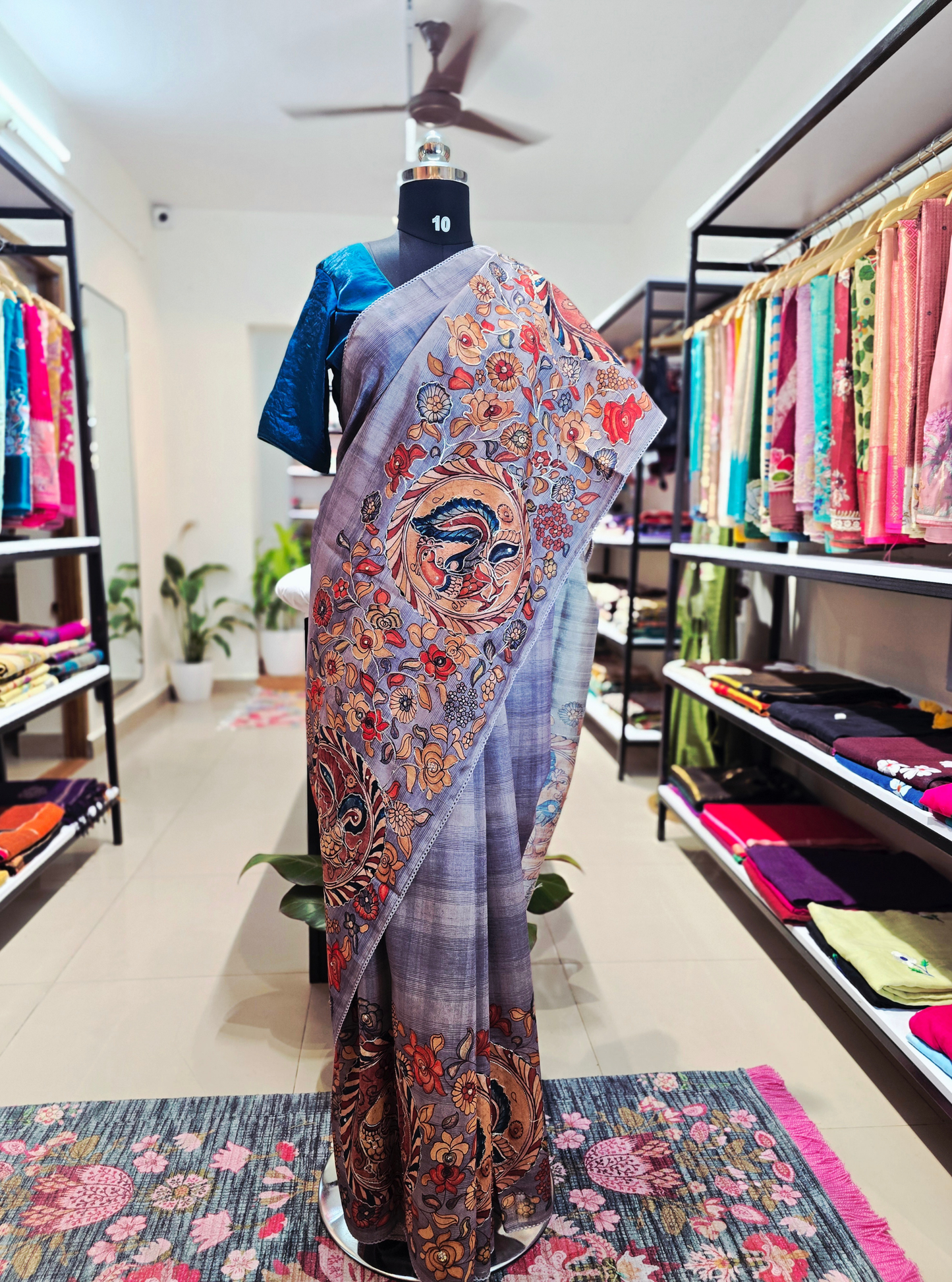 Grey Tussar Silk Saree with Kalamkari-Inspired Artistic Print