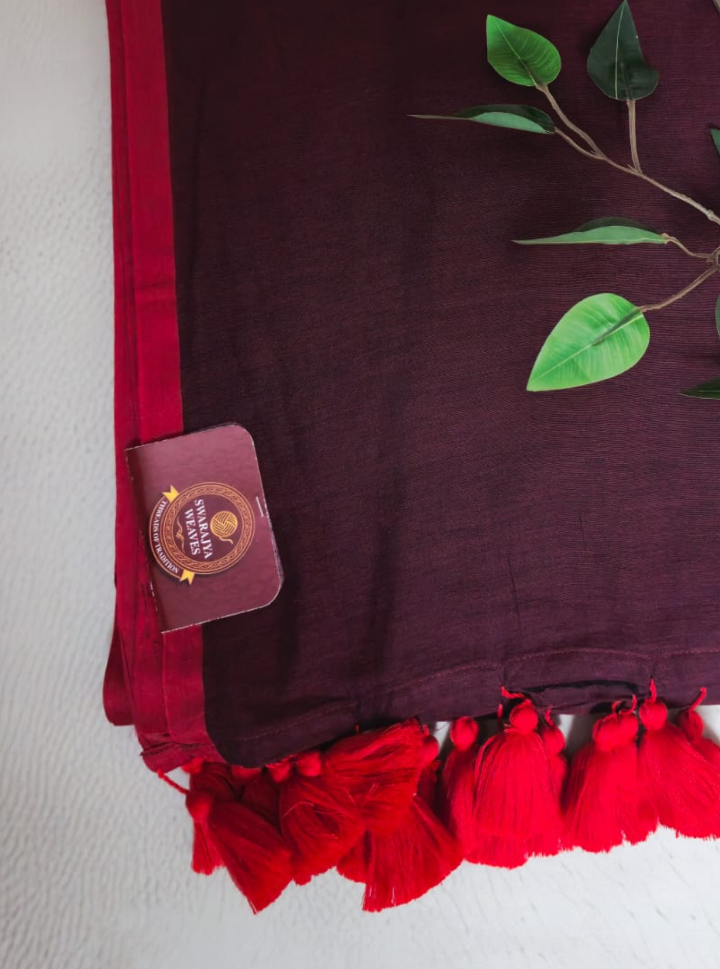 Wine Mul Cotton Saree with Red Tassel Border