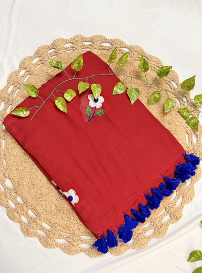 Crimson Red Mul Cotton Saree with Floral Embroidery & Blue Tassels
