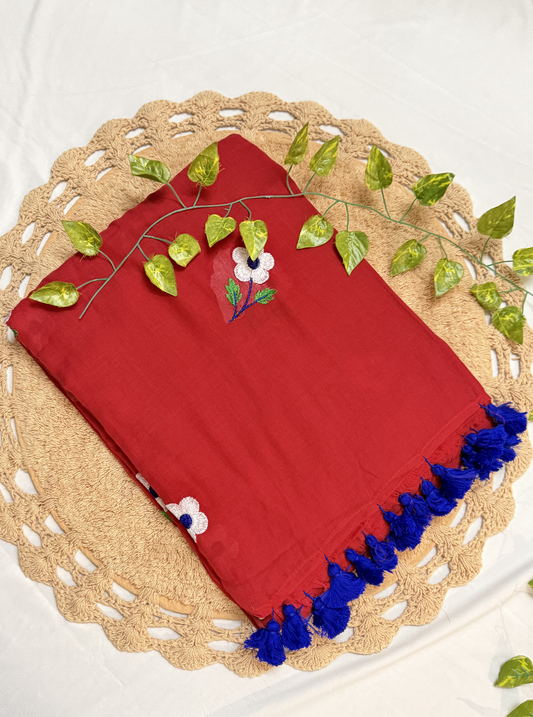 Crimson Red Mul Cotton Saree with Floral Embroidery & Blue Tassels