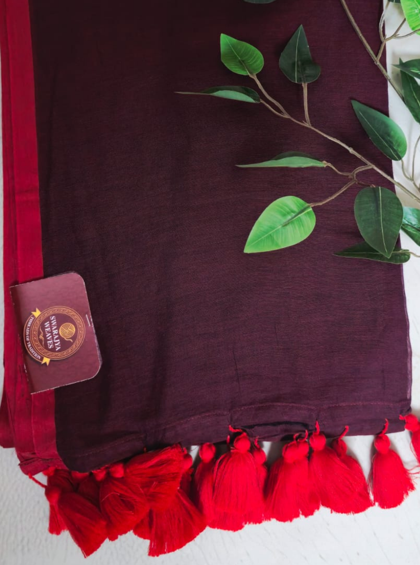 Wine Mul Cotton Saree with Red Tassel Border
