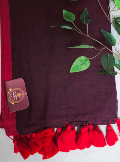 Wine Mul Cotton Saree with Red Tassel Border