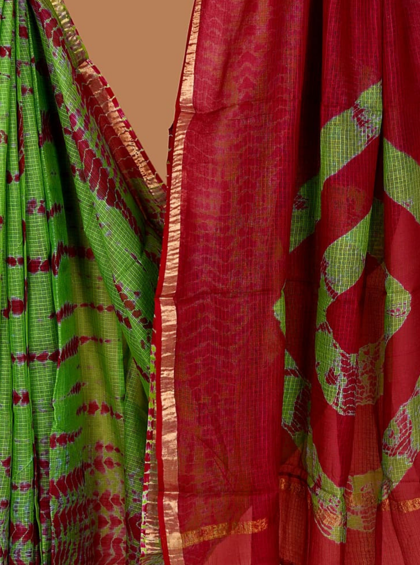 Vibrant Kota Doria Saree in Red & Green with Tie-Dye Inspired Design