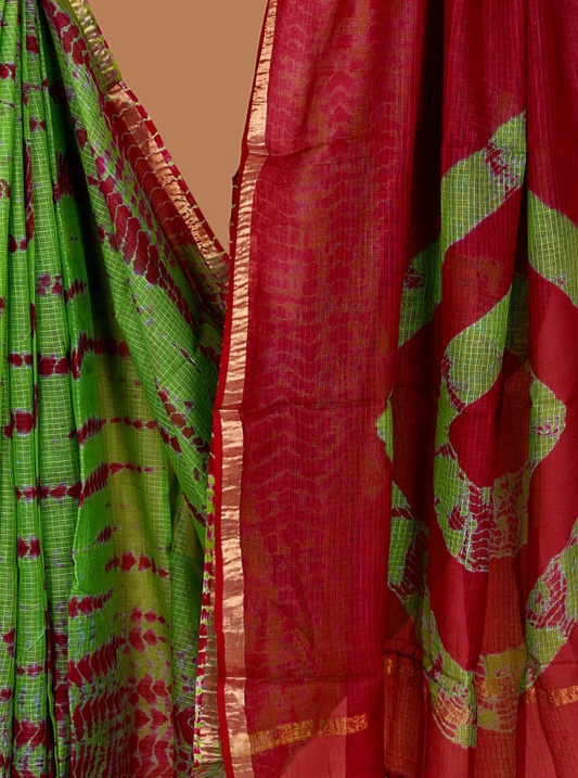 Vibrant Kota Doria Saree in Red & Green with Tie-Dye Inspired Design