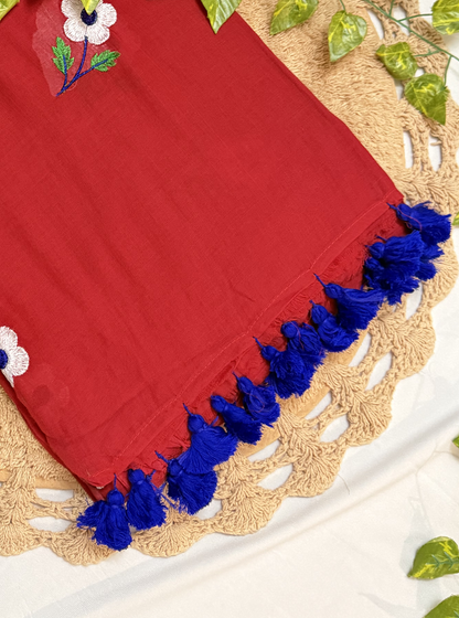 Crimson Red Mul Cotton Saree with Floral Embroidery & Blue Tassels