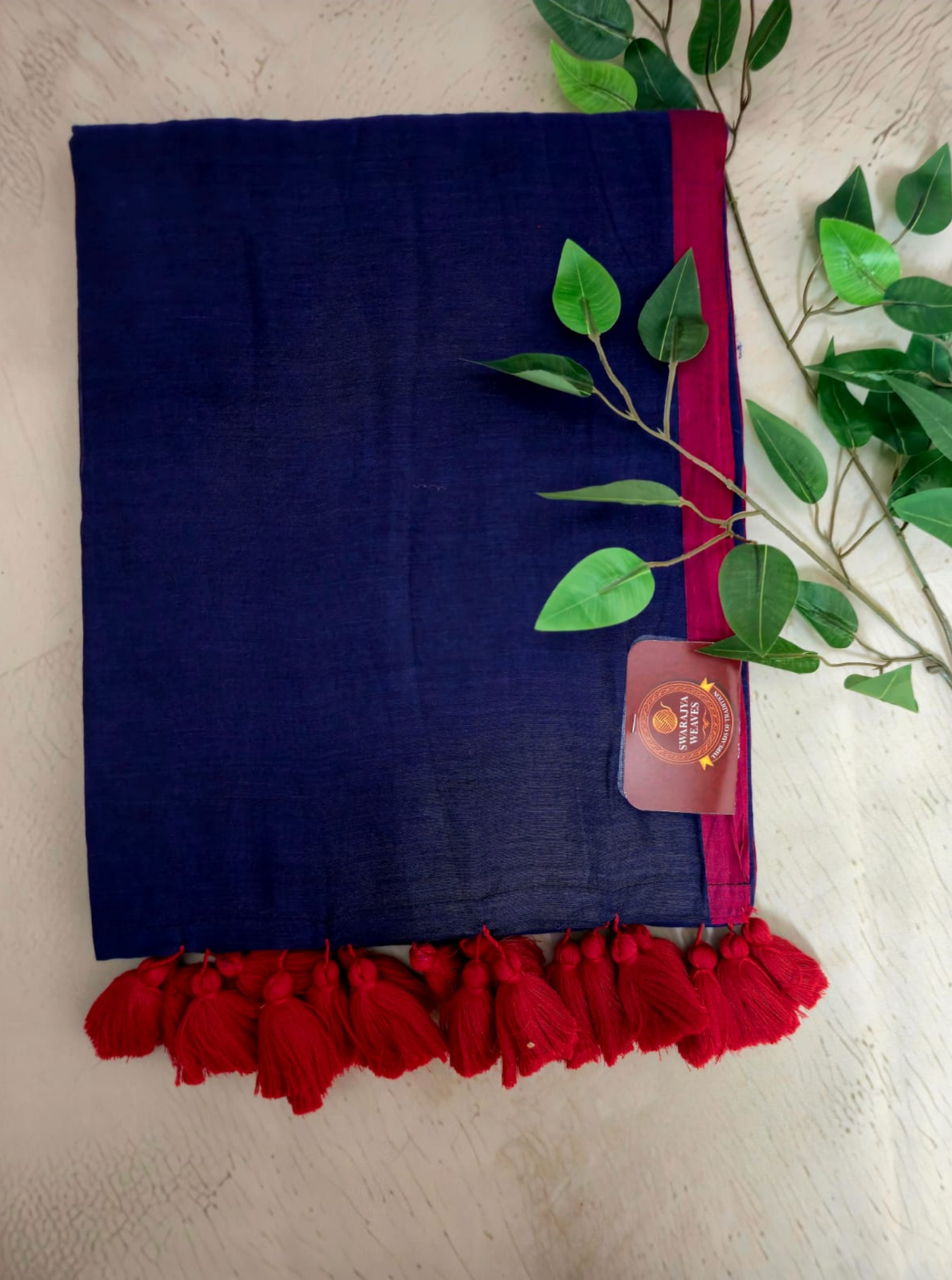 Royal Blue Mul Cotton Saree with Red Tassel Border