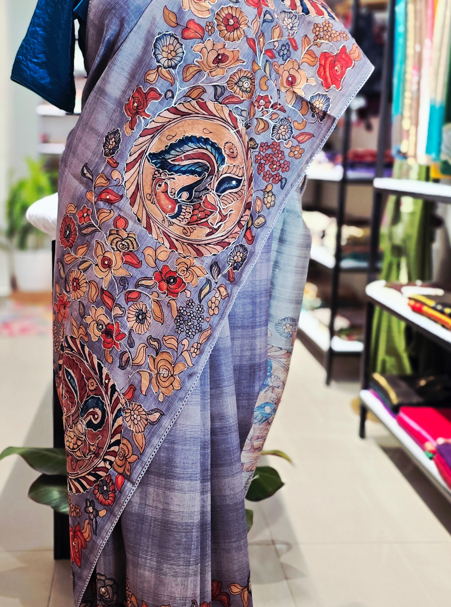Grey Tussar Silk Saree with Kalamkari-Inspired Artistic Print