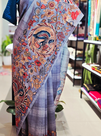 Grey Tussar Silk Saree with Kalamkari-Inspired Artistic Print