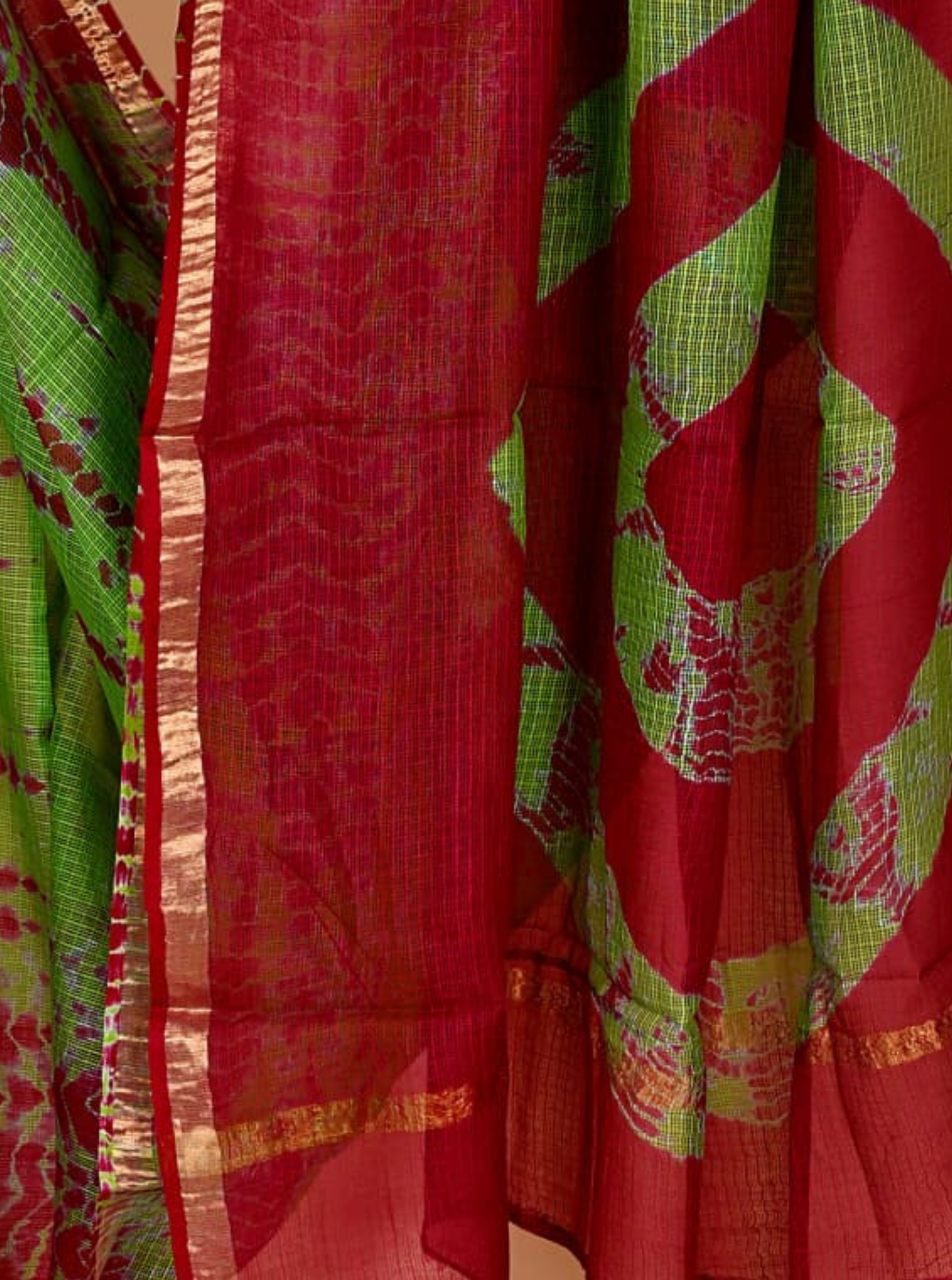 Vibrant Kota Doria Saree in Red & Green with Tie-Dye Inspired Design