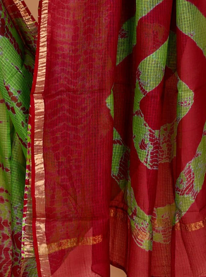Vibrant Kota Doria Saree in Red & Green with Tie-Dye Inspired Design