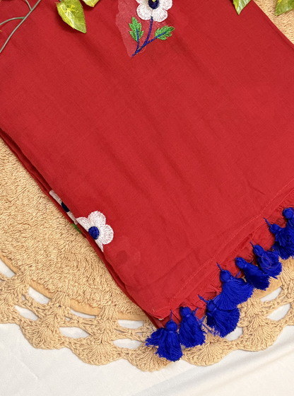 Crimson Red Mul Cotton Saree with Floral Embroidery & Blue Tassels