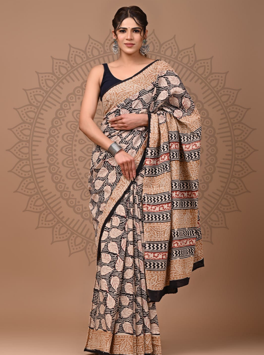 Beige & Black Cotton Saree with Leaf Motifs & Tribal Border