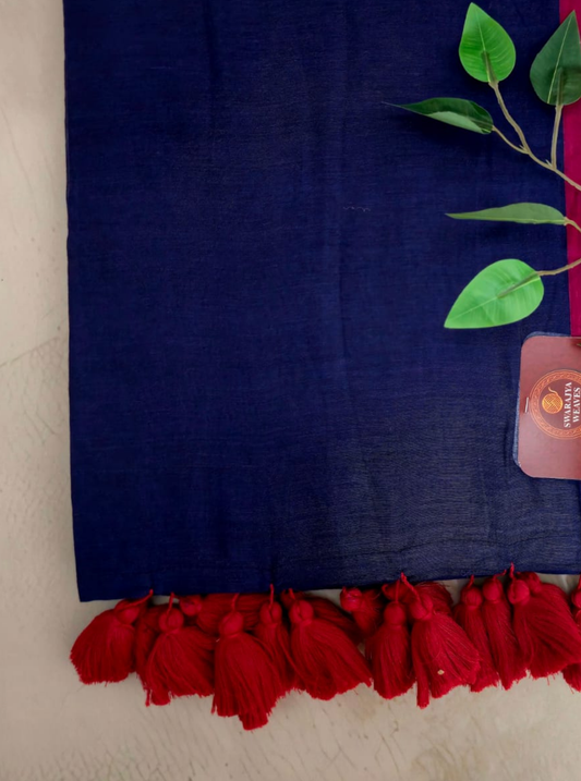 Royal Blue Mul Cotton Saree with Red Tassel Border