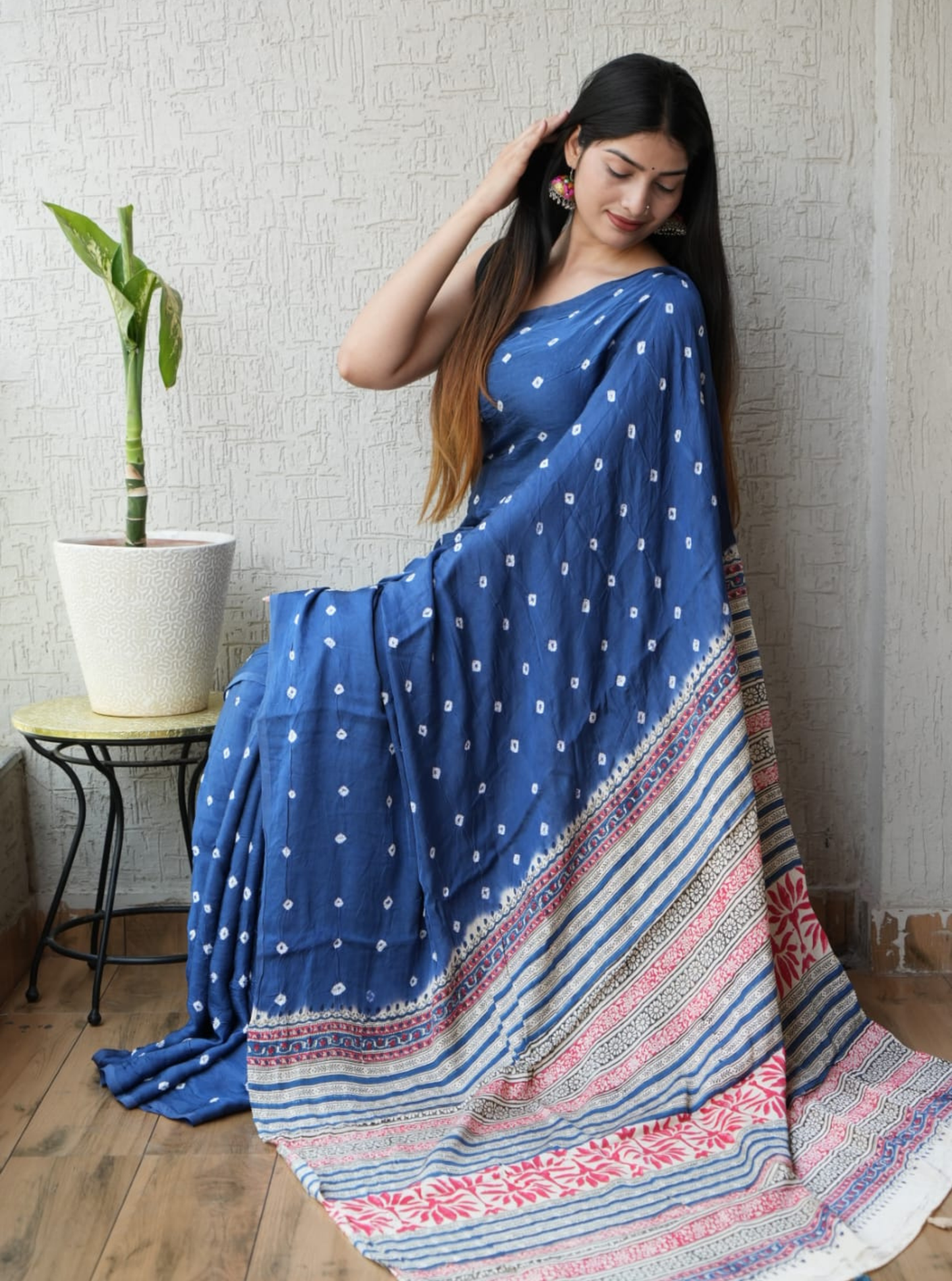 Graceful Indigo Modal Silk Saree with Minimal Dot Motifs & Printed Border