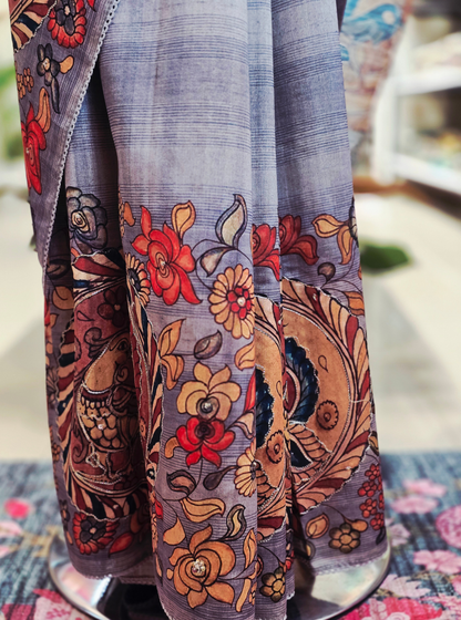 Grey Tussar Silk Saree with Kalamkari-Inspired Artistic Print