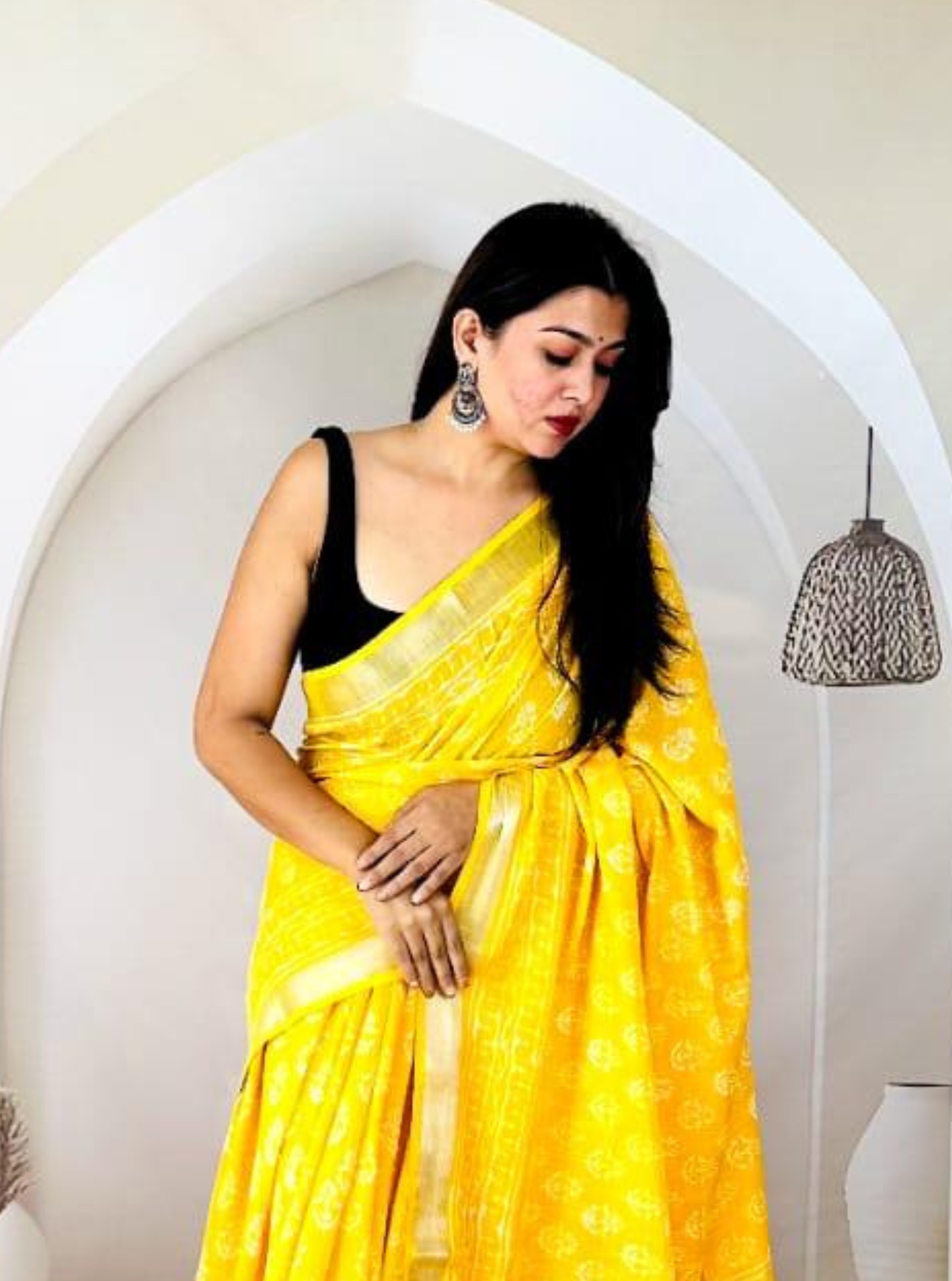 Sunshine Yellow Hand-Printed Linen Cotton Saree with Classic Borders