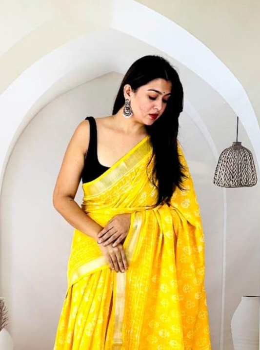 Sunshine Yellow Hand-Printed Linen Cotton Saree with Classic Borders
