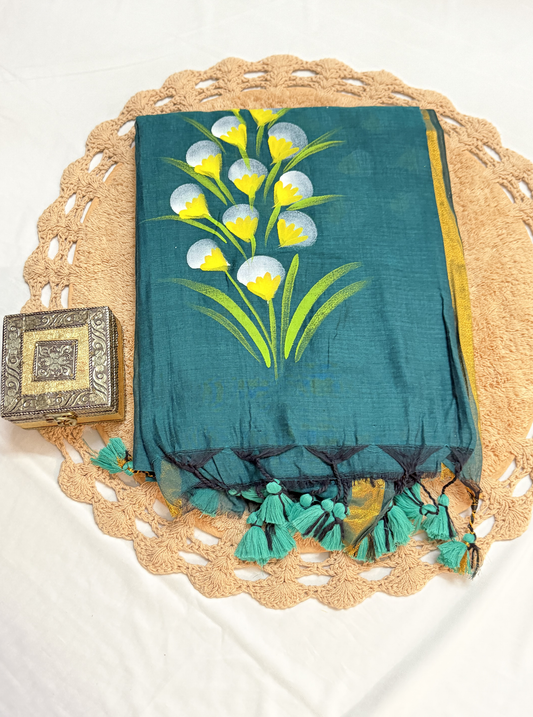 Teal Mul Cotton Saree with Handpainted Floral Motif & Tassel Pallu