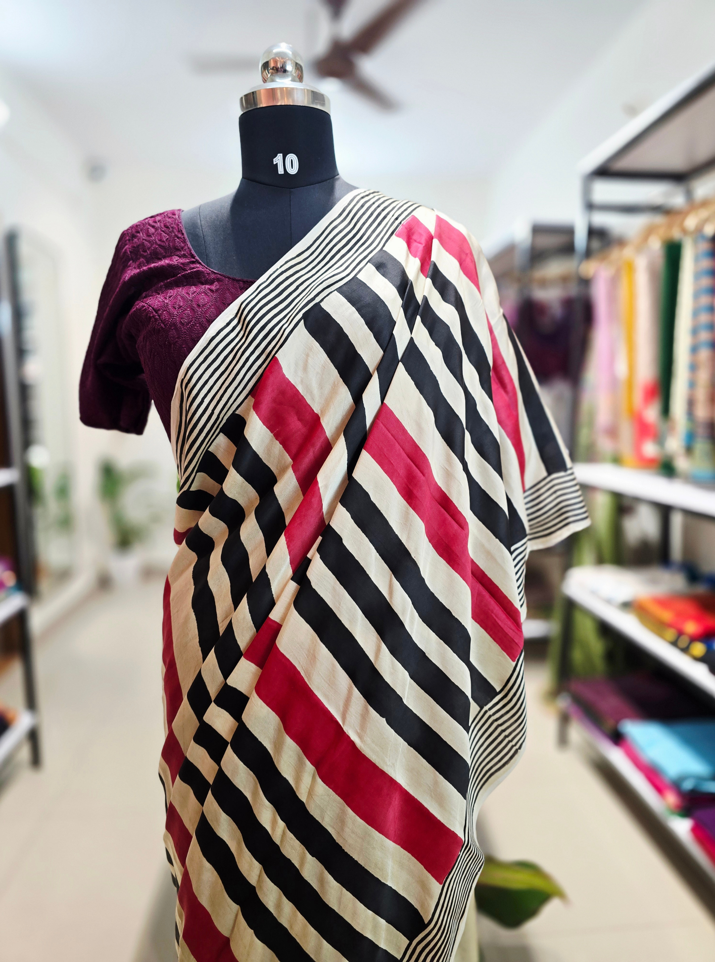 Chic Striped Modal Silk Saree in Black, White & Red