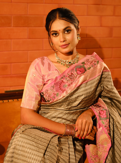 Elegant Grey Designer Silk Saree with Pink Embroidered Border