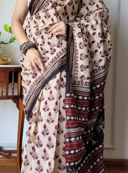 Elegant Beige Cotton Ajrakh Saree with Contrast Ethnic Pallu