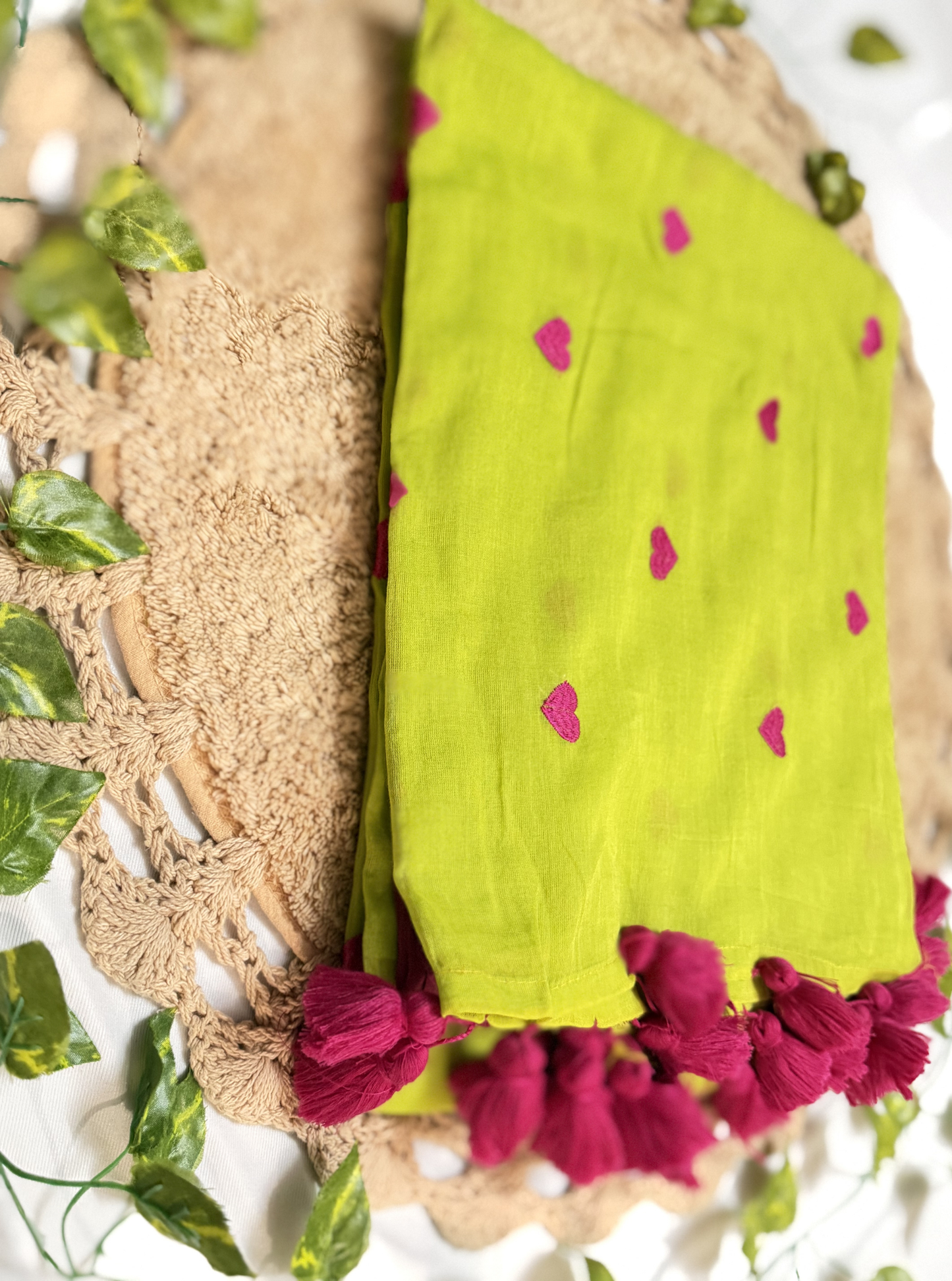 Lime Green Mul Cotton Saree with Pink Heart Motifs & Tassels