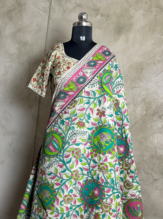 Ivory Cotton Saree with Multicolor Kalamkari Motifs & Pink Border
