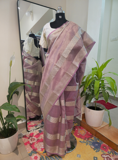 Pastel Pink Tissue Kora Silk Saree with Elegant Zari Border