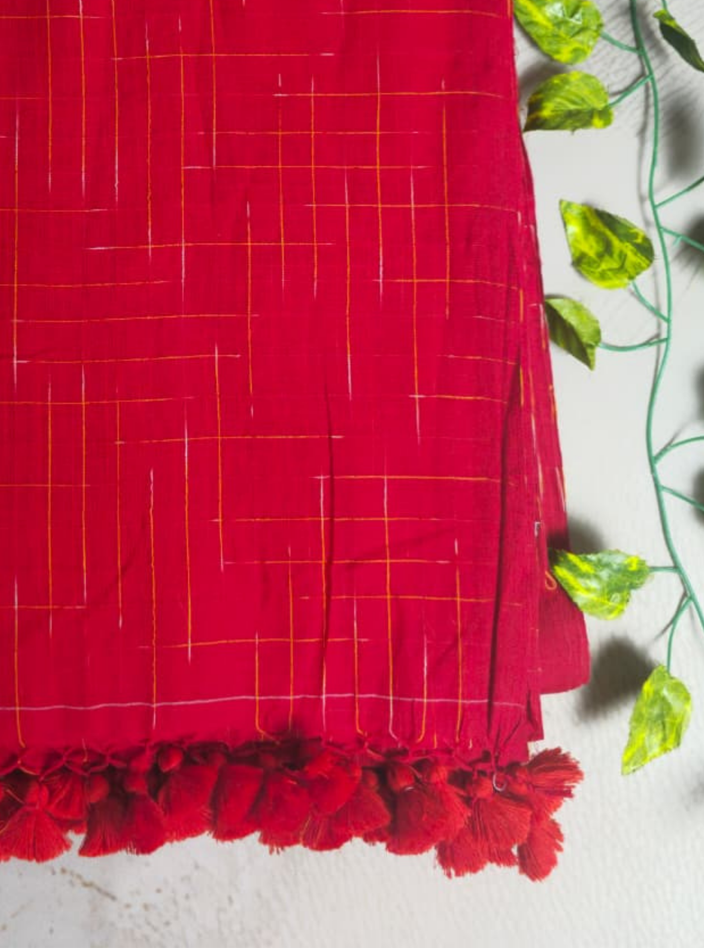 Bright Red Mul Cotton Saree with Minimal Check Weave