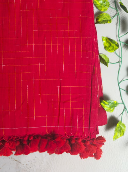 Bright Red Mul Cotton Saree with Minimal Check Weave