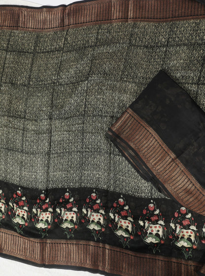 Black Chanderi Silk Saree with Floral Motif Panels & Antique Zari Border