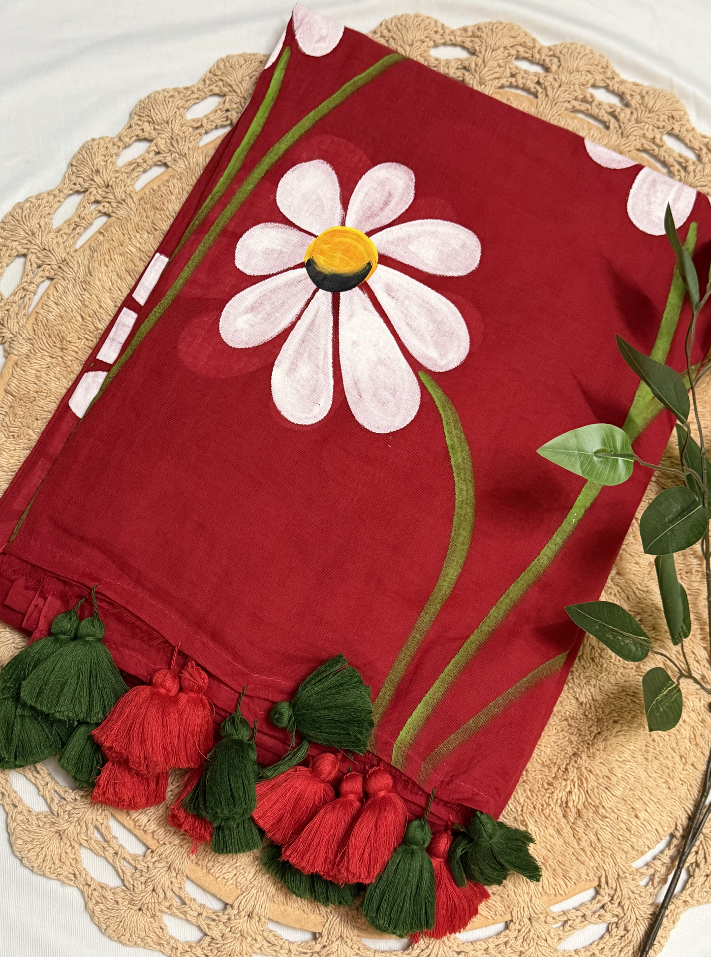 Red Hand-Painted Mul Cotton Saree with Bold Floral Motif & Tassel Pallu